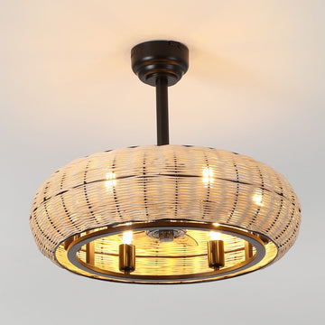 Cassidy 23" 6-Light Modern Bohemian 6-Speed Metal/Rattan Mobile-App/Remote-Controlled Height-Adjustable Lantern LED Ceiling Fan - JONATHAN Y